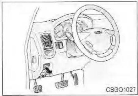 Line drawing of a car interior showing steering wheel, dashboard, and dashboard controls (no text or symbols)