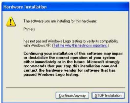 Hardware Installation. The software you are installing for this hardware: Printers has not passed Windows Logo testing to verify its compatibility with Windows XP. (Tell me why this testing is important.) Continuing your installation of this software may impair or destabilize the correct operation o…