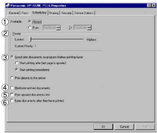 Panasonic DP-1820E PCL6 Properties: General, Ports, Scheduling, Sharing, Security, Device Options. Available: Airread. From 12:30 AM To 12:30 AM. Primary: Lowest Highest. Current Priority: 1. ● Print spooled documents so programs finish printing faster. ○ Start printing after last page is spooled. ●…