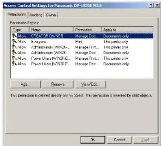 Access Control Settings for Panasonic DP-1920E PCL6. Permissions | Auditing | Owner. Permission Engine: Type None Permission Apply to. Allow CREATE OR OWNER Manage Doc... Documents only. Allow Everyone Print This printer only. Allow Administrators (WIN2K-...) Manage Print... This printer only. Allow…