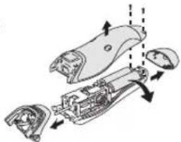 Mechanical assembly diagram showing an exploded view of a device with internal components and motion arrows (no text or labels)