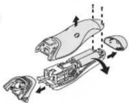 Mechanical assembly diagram showing internal components and motion arrows (no text or labels).