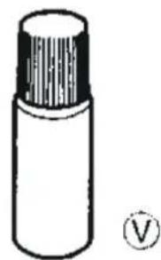 Dessin au trait simple d'un objet cylindrique avec capuchon et petit cercle contenant la lettre V (sans texte ni symboles sur l'objet lui-même)