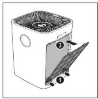 Diagram of a white appliance with fan and door, showing internal components and a labeled part (no text or symbols present)