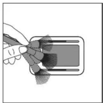 Illustration of a hand holding a pen, pointing at a rectangular device with a screen (no text or symbols visible)