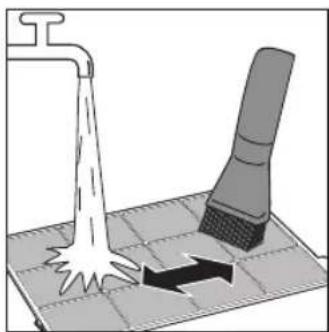 Diagram showing a faucet spraying water onto a tiled floor next to a brush (no text or symbols present)