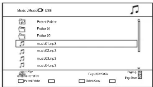 Music 1: Music USB Parent Folder Folder 01 Folder 02 music01.mp3 music02.mp3 music03.mp3 music04.mp3 Play RETURN Page 001/003 Page Up Page Down Parent Folder Select Copy