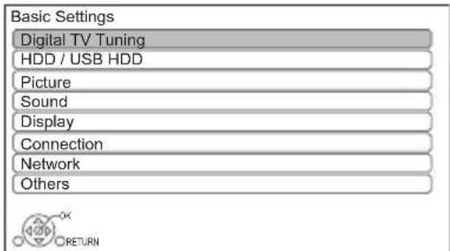Basic Settings Digital TV Tuning HDD / USB HDD Picture Sound Display Connection Network Others