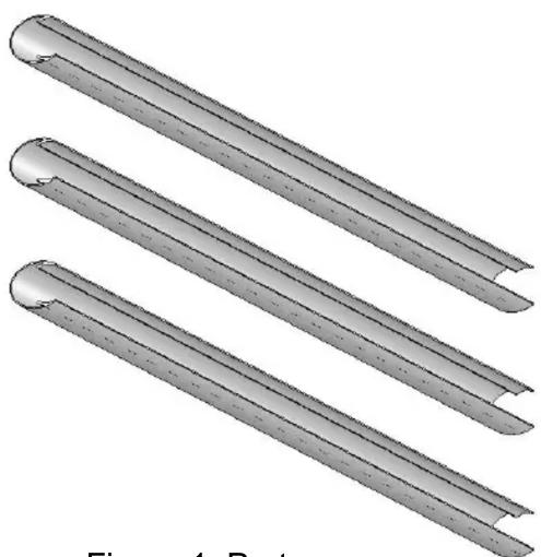 Three parallel metallic rods with grooves, shown from different angles (no text or symbols)