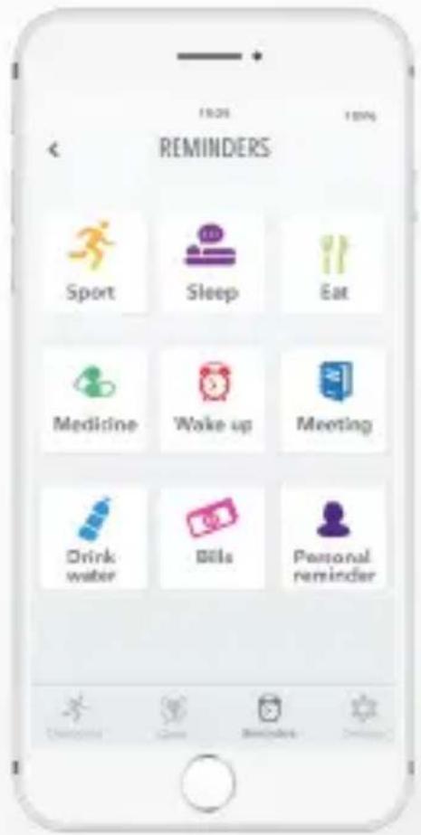 19:25 100% REMINDERS Sport Sleep Eat Medicine Wake up Meeting Drink water Bills Personal reminder