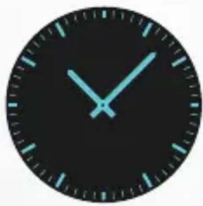 Close-up of a black analog clock face with light blue hour markers and no visible text or symbols