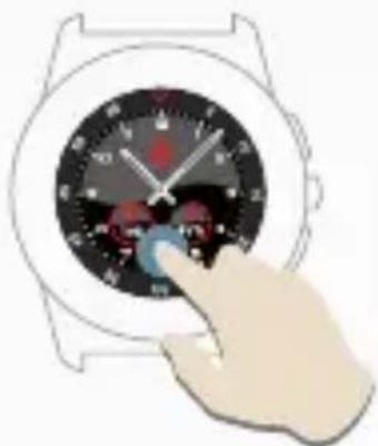 Illustration of a hand interacting with a wristwatch displaying a clock face (no text or symbols visible)