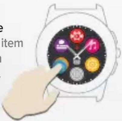 Illustration of a hand interacting with a smartwatch displaying colorful app icons, with partial text visible on the left.