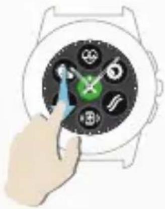 Hand interacting with a smartwatch displaying a clock face and surrounding icons (no text or symbols visible)