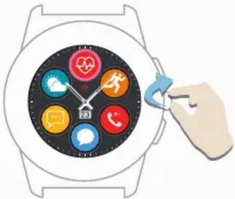 Illustration of a smartwatch with a clock showing six app icons, being processed by a hand (no text or symbols present)