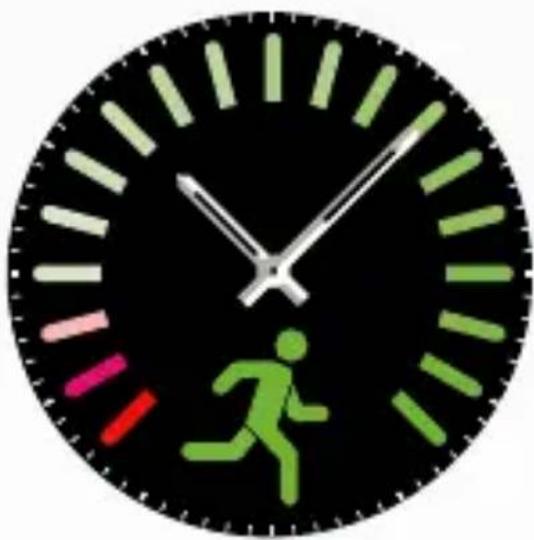 Circular clock face with green and red hour markers, featuring a running figure and a sword (no text or symbols)