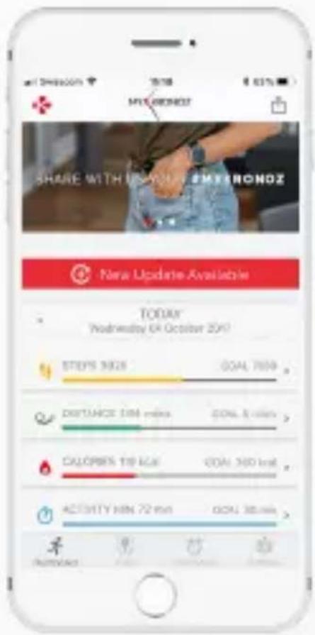 Share WITH UNIONAL EMERONOZ New Update Available TODAY® Wednesday 08 October 2011 STEPS 3628 GOAL 7659 DISTANCE 116 miles GOAL & other CALIFORN 119 kcal GOAL 360 kcal ACTIVITY MIN 72 min GOAL 38 min 手 PUMULACY