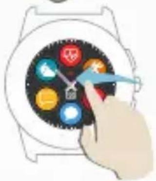 Hand interacting with a smartwatch displaying a clock face and surrounding colored buttons (no text or symbols visible)