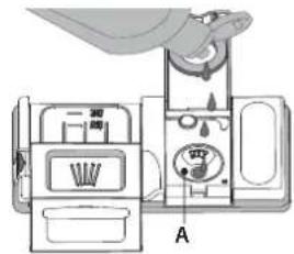 Diagram of a refrigerator interior with labeled parts and a hand holding the lid, showing internal compartments and a water level indicator.