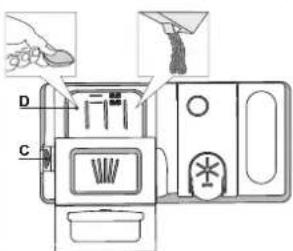 Diagram of a device with labeled parts and an inset showing hand cleaning and cleaning steps