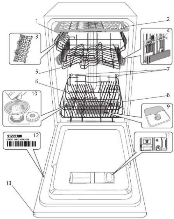Technical diagram of a refrigerator interior with numbered components and labeled parts, including a service badge and product photos.