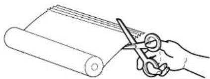 Hand holding scissors cutting a rolled document (no text or symbols visible)
