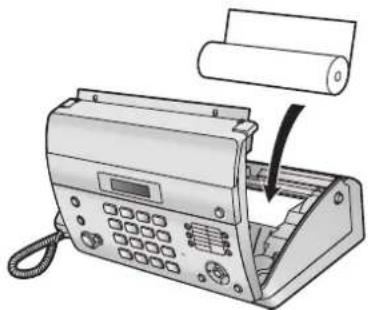Illustration of a classic office telephone with a paper roll being inserted (no text or symbols visible)
