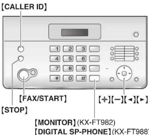 [CALLER ID] 1 2 3 4 5 6 7 8 9 * 0 # [FAX/START] [STOP] [+][-][-][-] [MONITOR] (KX-FT982) [DIGITAL SP-PHONE] (KX-FT988)