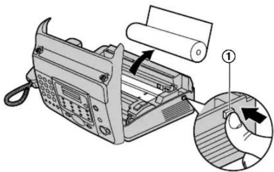 Diagram of a landline fax with labeled parts showing paper roll, hand press, and close-up view of the device's handle.