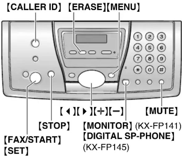 [CALLER ID] [ERASE][MENU] [◀][▶][+][-] [MUTE] [STOP] [MONITOR] (KX-FP141) [FAX/START] [DIGITAL SP-PHONE] [SET] (KX-FP145)