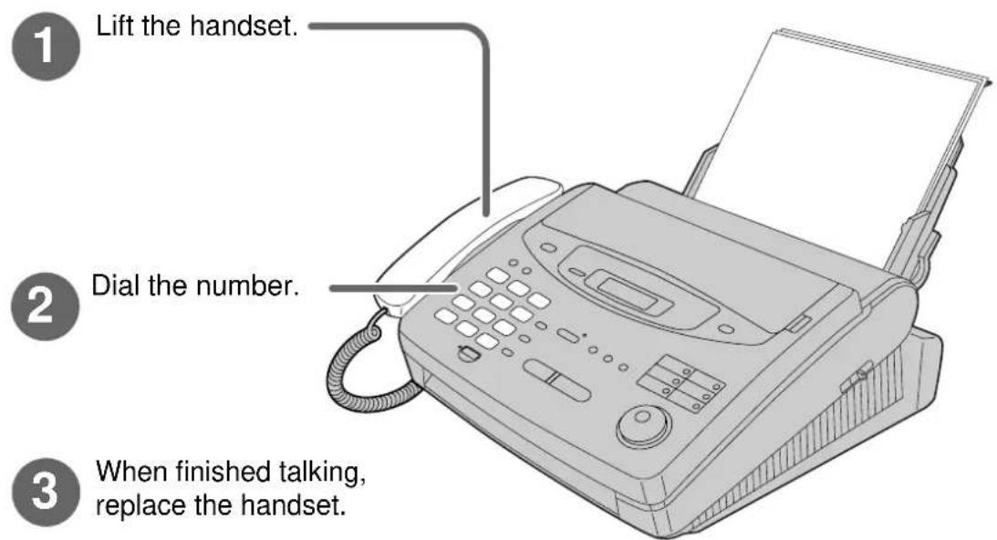 1 Lift the handset. 2 Dial the number. 3 When finished talking, replace the handset.