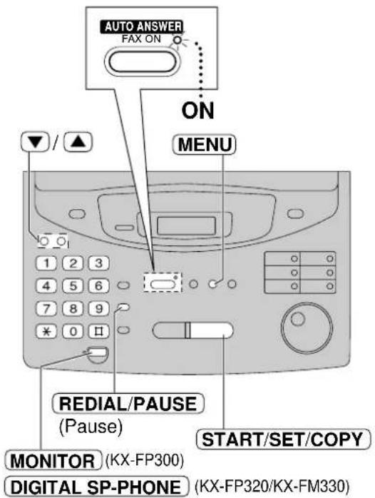 AUTO ANSWER FAX ON ON MENU 1 2 3 4 5 6 7 8 9 * 0 □ REDIAL/PAUSE (Pause) MONITOR (KX-FP300) DIGITAL SP-PHONE (KX-FP320/KX-FM330) START/SET/COPY
