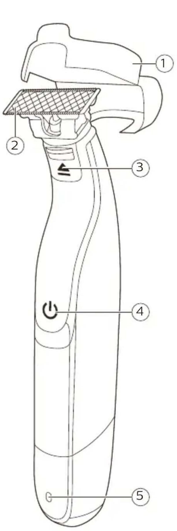 Technical diagram of a hairdryer with numbered parts labeled 1 to 5