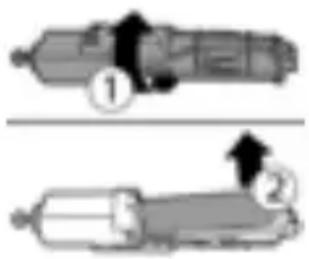 Diagram showing two mechanical components with numbered parts and directional arrows indicating motion or assembly.
