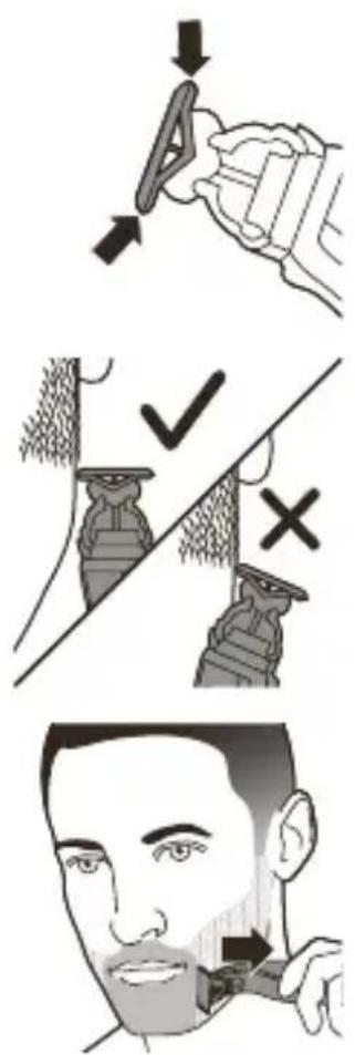 Illustration showing three steps of hair styling: cutting, checkmarking, and applying hair to a man's face.