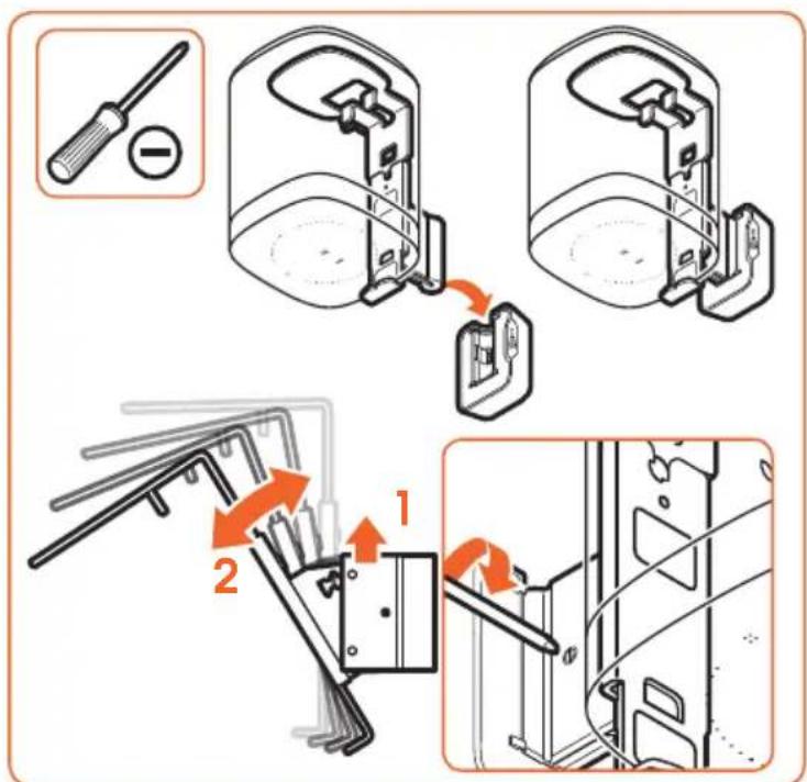 Technical diagram illustrating a mechanical assembly with labeled parts and directional arrows indicating motion or assembly steps.