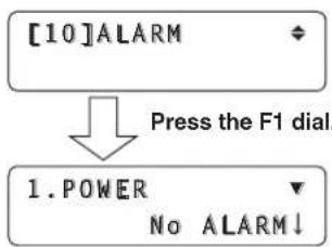 graph TD A["[10"]ALARM] --> B["Press the F1 dial."] B --> C["1.POWER\nNo ALARM↓"]