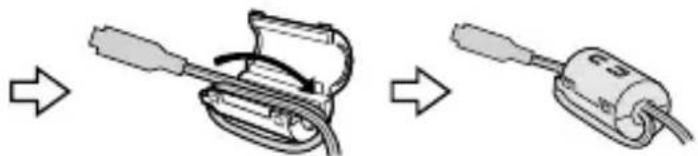 Diagram showing two-step assembly of a device with cable and plug, no text or symbols present.