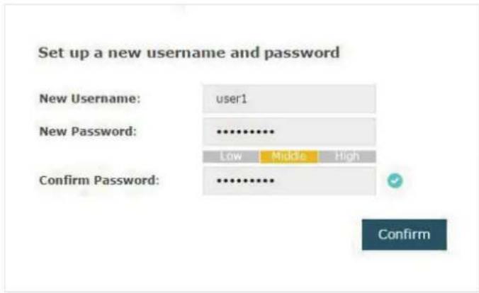 Set up a new username and password New Username: user1 New Password: ********** Low Middle High Confirm Password: ********... Confirm