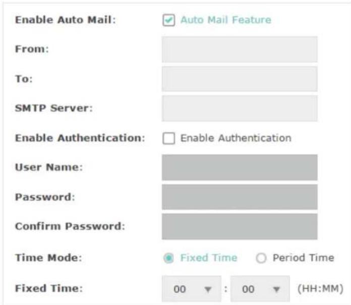 Enable Auto Mail: ✓ Auto Mail Feature From: To: SMTP Server: Enable Authentication: □ Enable Authentication User Name: Password: Confirm Password: Time Mode: ● Fixed Time ○ Period Time Fixed Time: 00 : 00 (HH:MM)