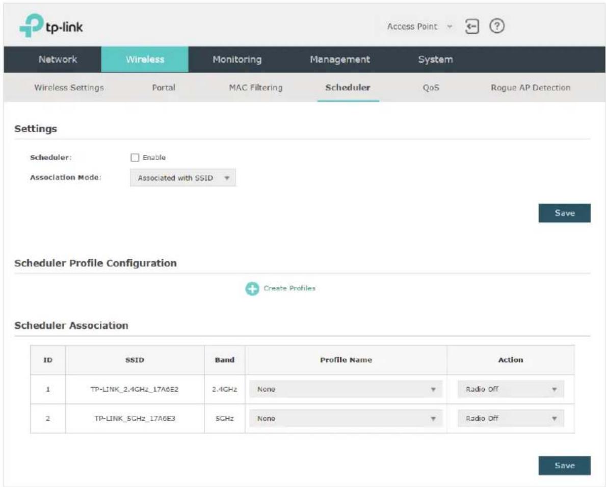 tp-link Access Point Network Wireless Monitoring Management System Wireless Settings Portal MAC Filtering Scheduler QoS Rogue AP Detection Settings Scheduler: □ Enable Association Mode: Associated with SSID Save Scheduler Profile Configuration + Create Profiles Scheduler Association ID SSID Band Pro…