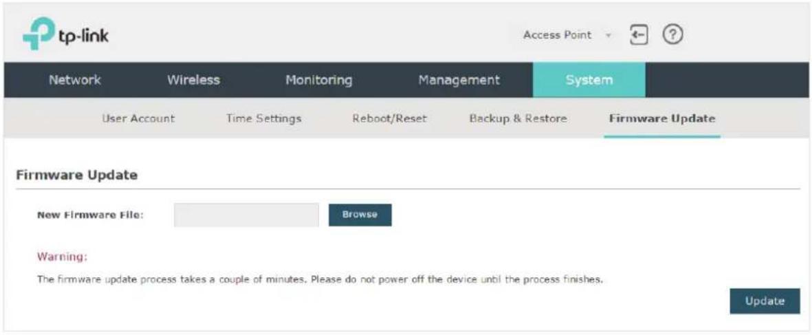 tp-link Network Wireless Monitoring Management System User Account Time Settings Reboot/Reset Backup & Restore Firmware Update Firmware Update New Firmware File: Browse Warning: The firmware update process takes a couple of minutes. Please do not power off the device until the process finishes. Upda…