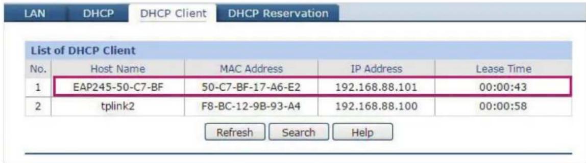 LAN DHCP DHCP Client DHCP Reservation List of DHCP Client No. Host Name MAC Address IP Address Lease Time 1 EAP245-50-C7-BF 50-C7-BF-17-A6-E2 192.168.88.101 00:00:43 2 tplink2 F8-BC-12-9B-93-A4 192.168.88.100 00:00:58 Refresh Search Help