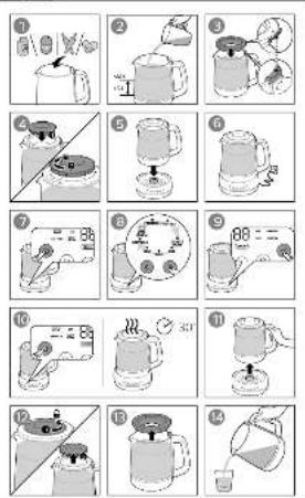 Illustrated step-by-step cooking process for a steamer, showing steps from preparation to drying.