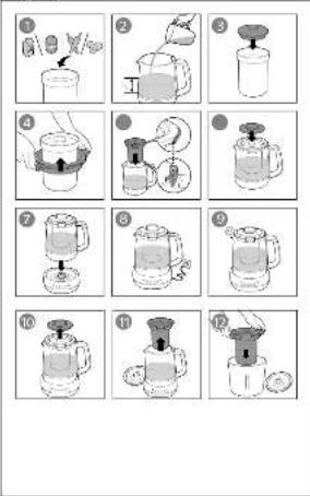 Step-by-step cooking process for a blender, showing steps from adding liquid to blending into a mixer.