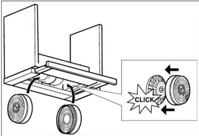 Diagram of a vehicle-mounted fan with labeled components and directional arrows, including a click button annotation.