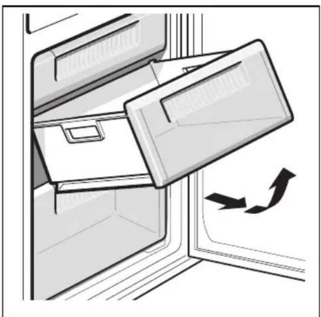 Illustration of a refrigerator with an open door and a directional arrow indicating flight (no text or symbols)