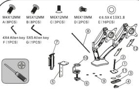 M4X12MM A (8PCS) M5X12MM B (8PCS) M6X12MM C (3PCS) M6X10MM D (2PCS) € 6.5x € 13X1.8 E (16PCS) 4X4 Allen key 5X5 Allen key F (1PCS) G (1PCS)