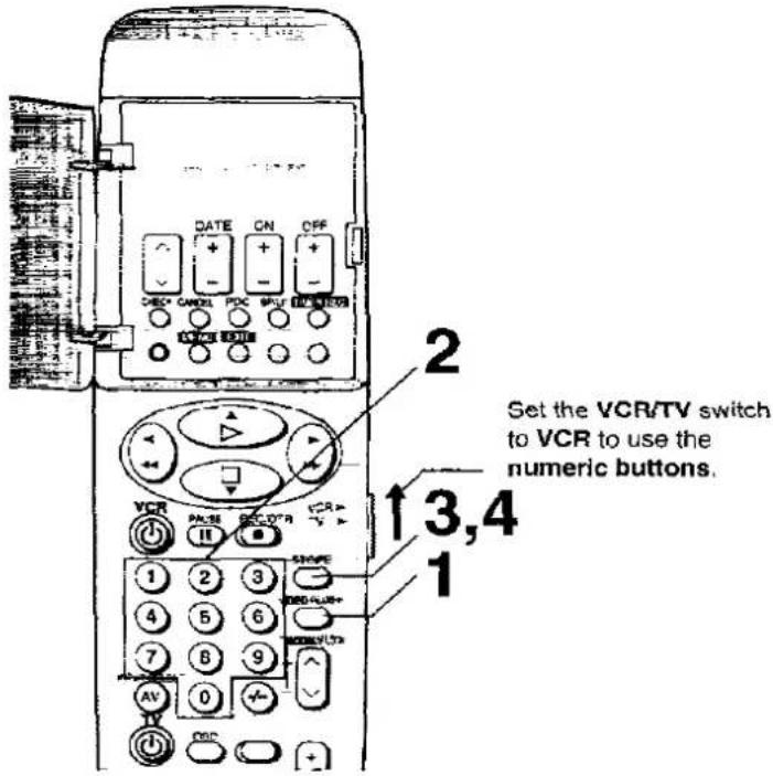2 Set the VCR/TV switch to VCR to use the numeric buttons. 1 3,4 1