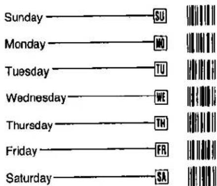Sunday — SU Monday — MO Tuesday — TU Wednesday — WE Thursday — TN Friday — FR Saturday — SA